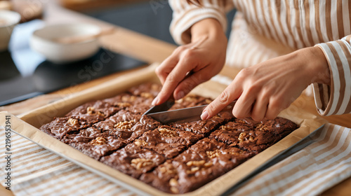 a home baker cutting a dense fudgy tray of walnut brownies into neat squares for national brownie day, kitchen counter setting, december afternoon, indulgent dessert, comfort