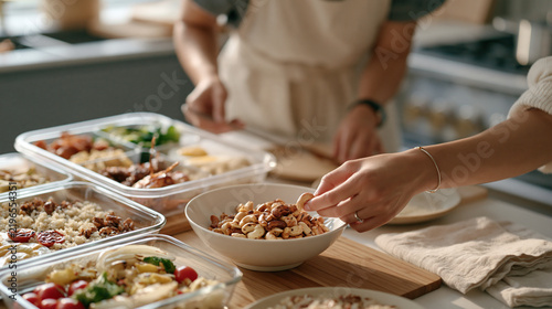 A nutritionist arranging a bowl of roasted cashews beside a health meal prep spread on national cashew day, plant based snacking, healthy lifestyle concept, clean eating, meal