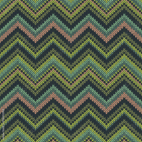 Seamless geometric ethnic spokes knitted pattern. Green color knitwear sample. Vector illustration