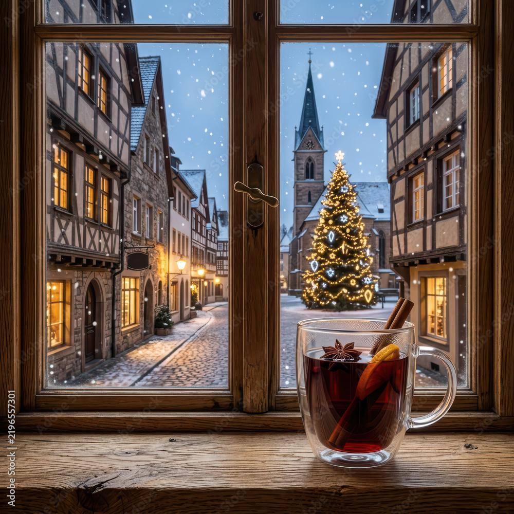 Fototapeta premium A glass of mulled wine on a windowsill overlooking a festive German town square at Christmas