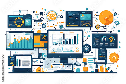 Digital dashboard with multiple screens displaying charts, graphs, and data visualizations Keywords: technology, data, dashboard, charts, graphs, statistics, analytics, information, digital