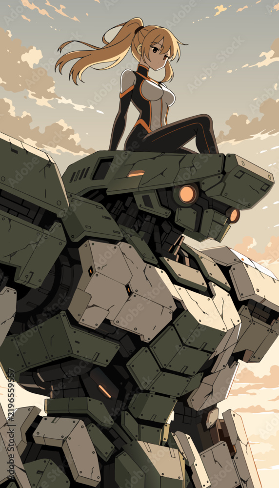 Obraz premium Anime Mecha Pilot Woman Sitting On Huge Robot To Command Military Force