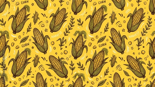 Hand Drawn Corn Cobs and Harvest Elements Seamless Pattern
