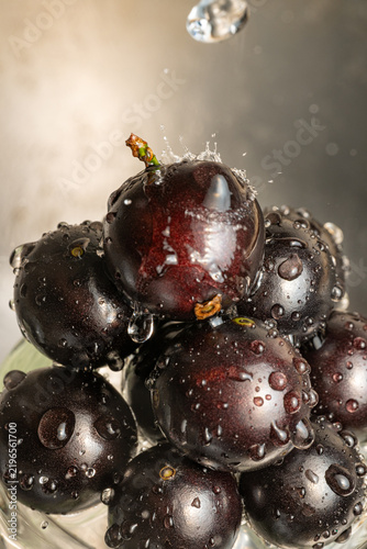 Water droplets on jabuticaba fruit; water droplets falling onto some jabuticabas and creating beautiful shapes; selective focus.