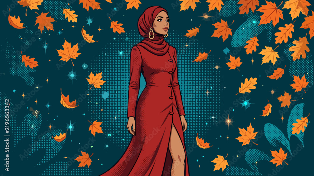 Fototapeta premium Young Muslim woman wearing hijab and red dress walking outdoors surrounded by autumn leaves