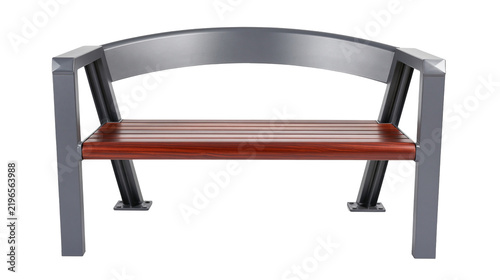 Fotografie Isolated durable modern outdoor bench with curved metal backrest and wooden seat