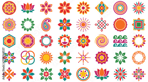 Vibrant mandala flower icons collection featuring colorful geometric shapes for traditional Indian festival graphic design projects