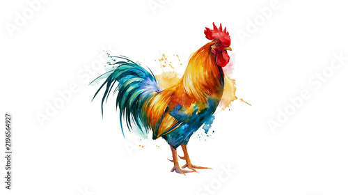 Isolated colorful rooster in stunning watercolor style, vibrant plumage, artistic paint splatters