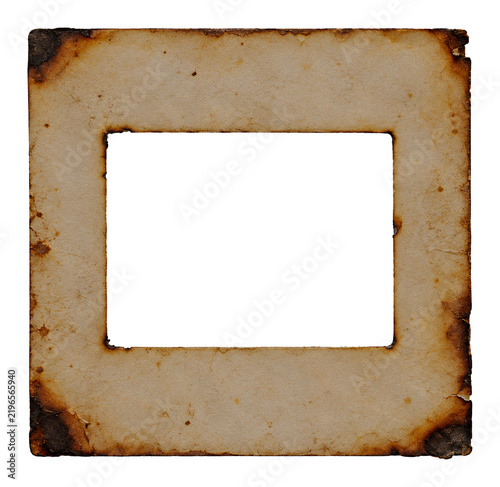 vintage slide frame with burnt edges against transparent background, png file