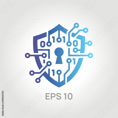 Cybersecurity vector icon: blue gradient shield with a keyhole, circuit board lines, and binary code. Concept of digital data protection, encryption, and information technology.