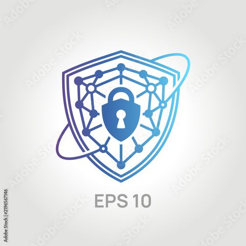 Cybersecurity vector icon: blue gradient shield with a padlock and network nodes. Concept of digital data protection, internet security, and information technology.
