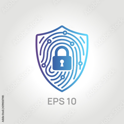 Biometric cybersecurity vector icon: blue gradient shield with a fingerprint, circuit lines, and a padlock. Concept of digital data protection, identity verification, and internet privacy.
