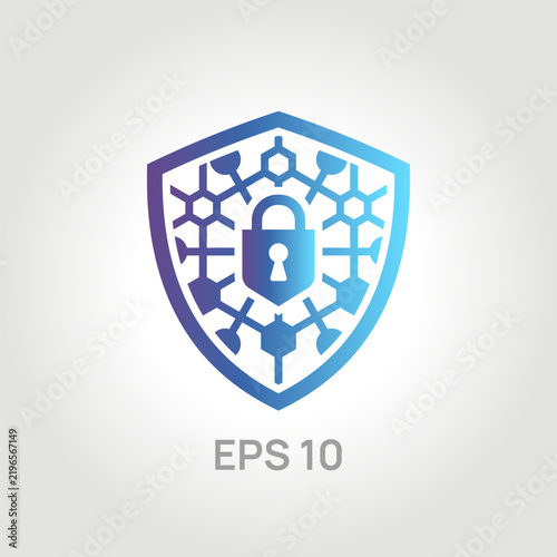 Cybersecurity vector icon: blue gradient shield with a padlock and network nodes. Concept of digital data protection, internet security, and information technology.
