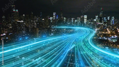Futuristic city skyline with digital trails of business technology innovation connectivity and entrepreneurship network