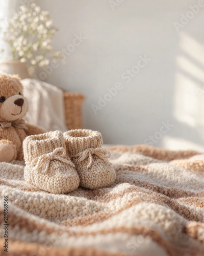 Tiny knitted baby shoes on a soft woolen blanket in warm neutral tones