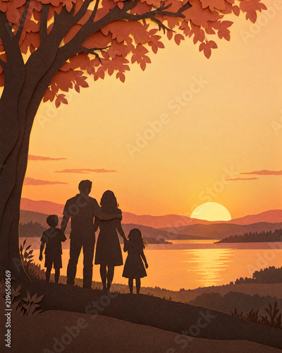 Paper cut family silhouettes standing under a tree at sunset by a lake