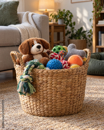 Wicker basket full of dog toys on a woven rug in a cozy living room