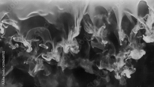 Abstract monochrome halftone pattern with smoke like flowing shapes and textured gradient dots transparent background