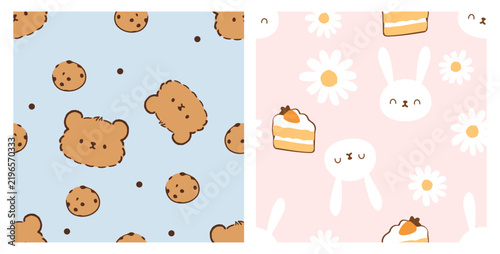 Cute seamless bear cookie and bunny dessert pattern featuring adorable brown bear faces, chocolate chip cookies, white rabbit faces, daisies and cake slices on soft pastel blue and pink backgrounds.