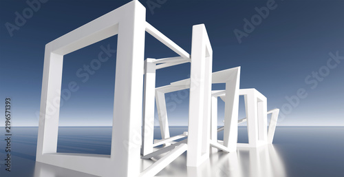Abstract white geometric frames arranged in a row against a deep blue gradient horizon background with soft light and reflections