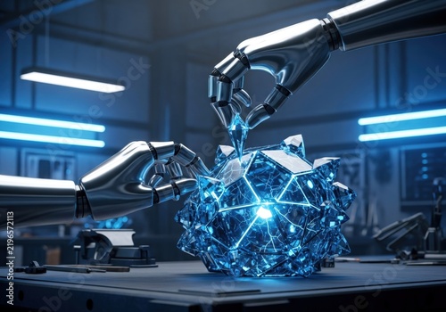 Robotic hands assembling crystal structure in futuristic laboratory