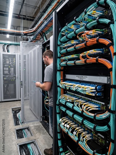 Fiber optic networking equipment installed in server data center