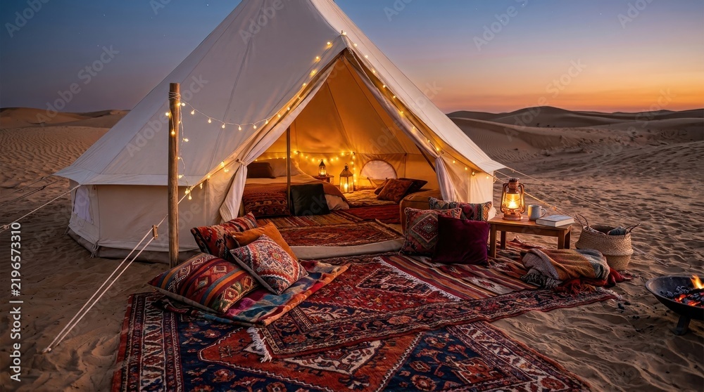 Fototapeta premium Glamping tent with colorful rugs and fairy lights in desert at sunset