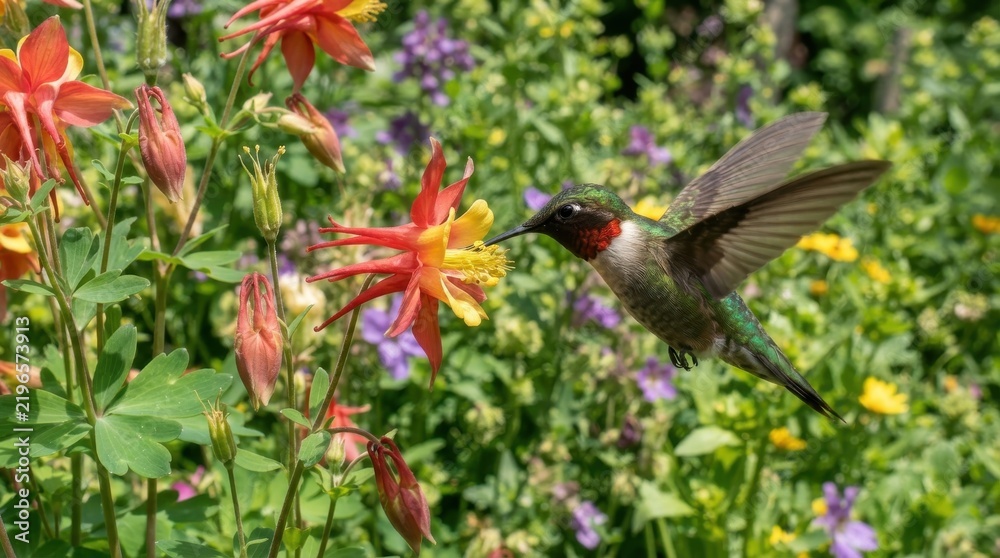 Obraz premium Ruby-throated hummingbird hovering and feeding on columbine flower