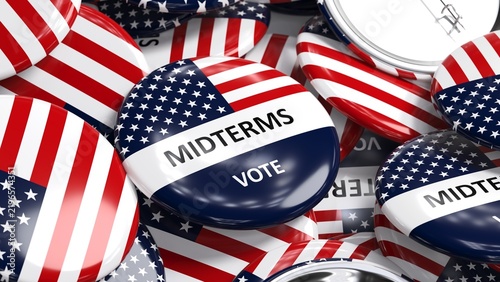 US Midterm Election Voting Campaign Badges with American Flag Design - 3D render