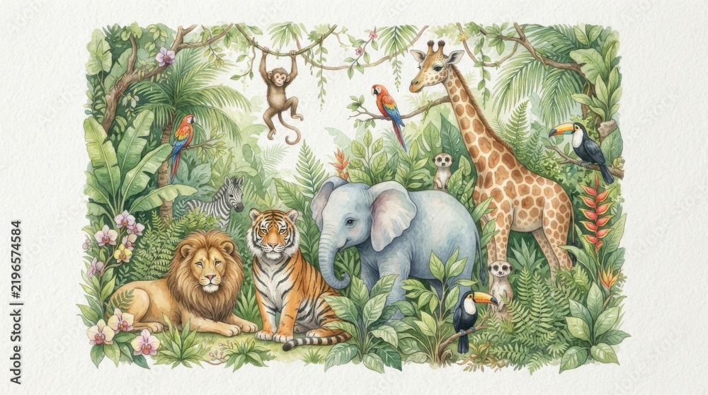 Fototapeta premium Watercolor illustration of various wild animals in a lush jungle setting