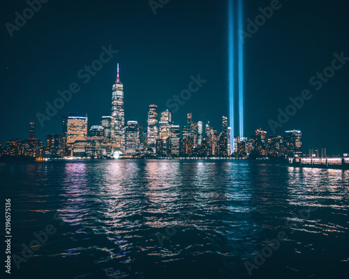 Tribute in Light Beams Rise Above the Lower Manhattan Skyline at Night in New York City