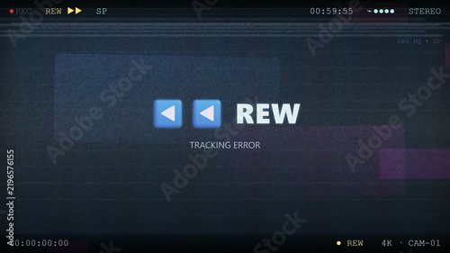 Vintage VHS glitch effect with tracking error and rewind text on a dark blue screen