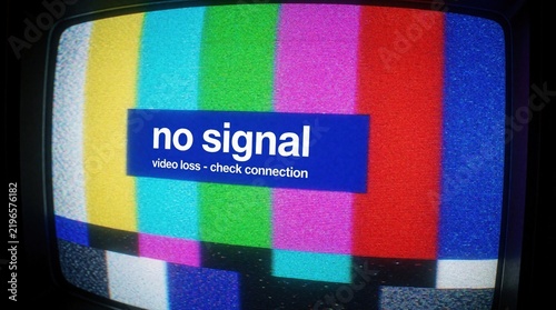 Old tv screen displays color bars test pattern and no signal error message. Broadcast disruption, communication failure, retro tech problem, vintage analog screen.