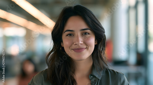 young smiling Latin girl college student or teacher looking at camera, standing in university campus, happy. Hispanic millennial woman professional posing in modern coworking creative office space. No