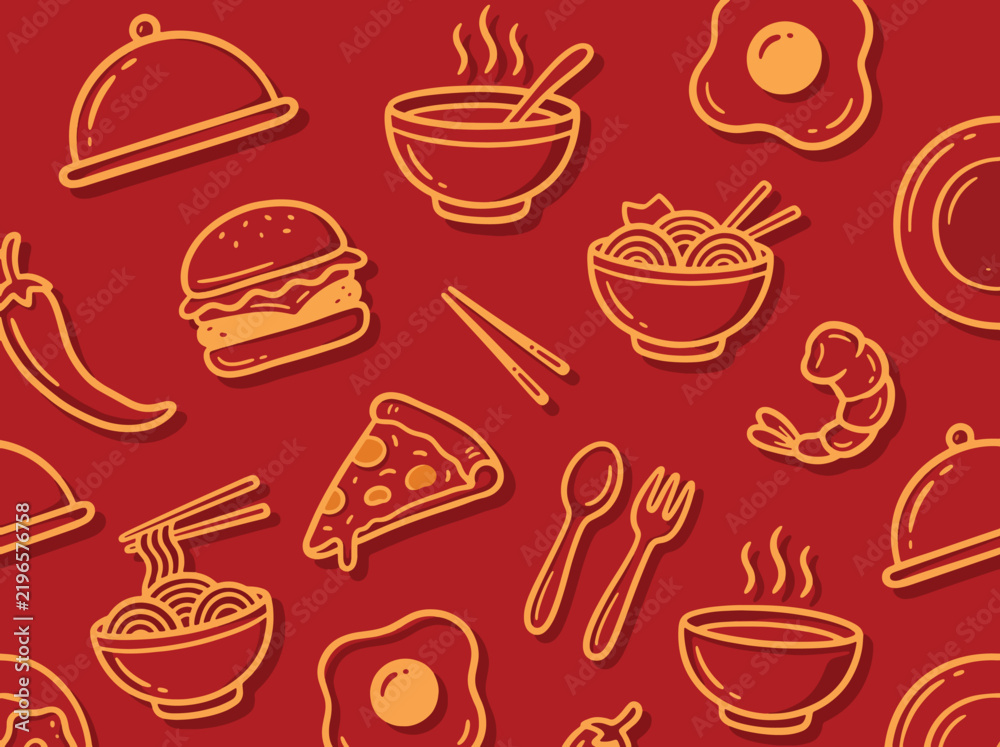 Fototapeta premium Delicious Food Icons Seamless Pattern on Red Background 2.
