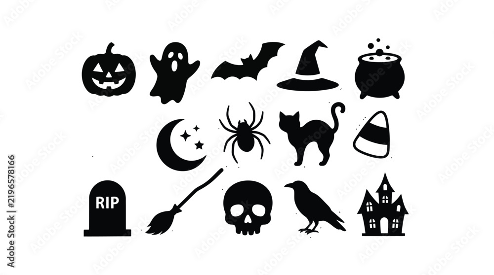 Fototapeta premium Decorative halloween sticker sheet featuring black icon silhouettes of pumpkins ghosts bats and spooky symbols