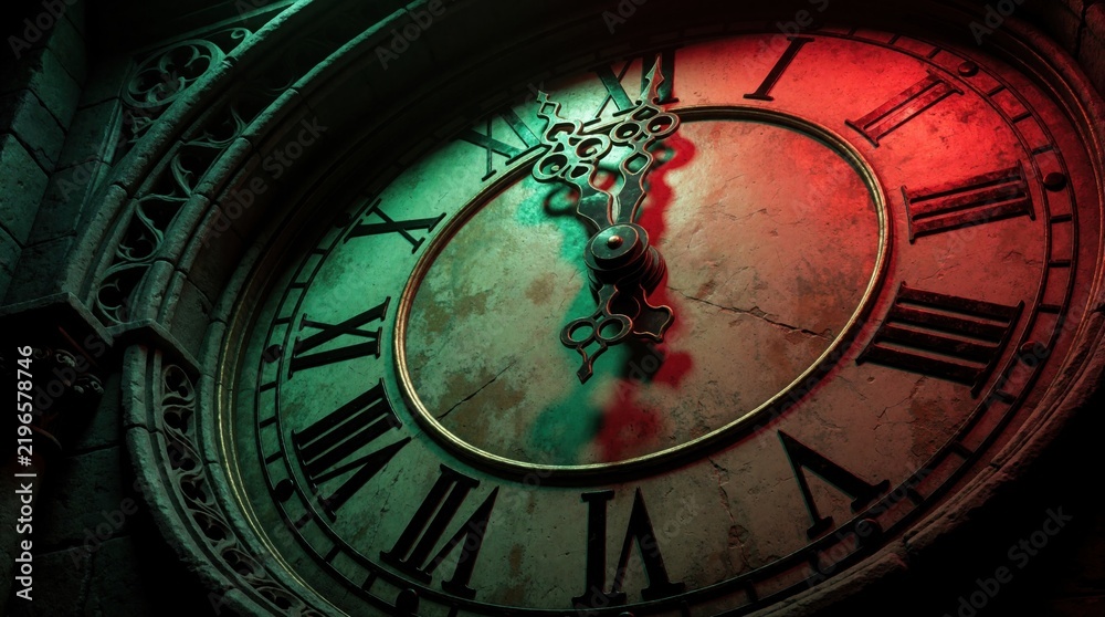 Obraz premium Antique clock face with Roman numerals shows late hour. Dramatic red and green light bathes old time piece. Clock hands approach midnight hour.
