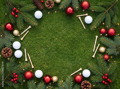 Christmas Golf Flat Lay with Red Holiday Decorations 