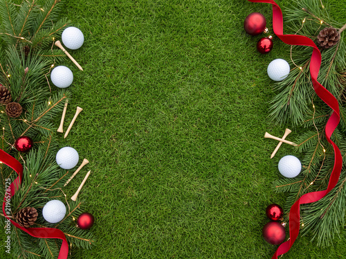 Christmas Golf Flat Lay with Red Holiday Decorations 