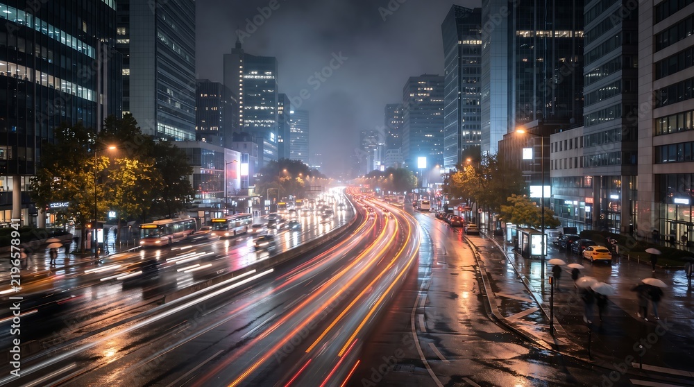 Obraz premium Long exposure shot of city street with vehicle light trails on wet night road