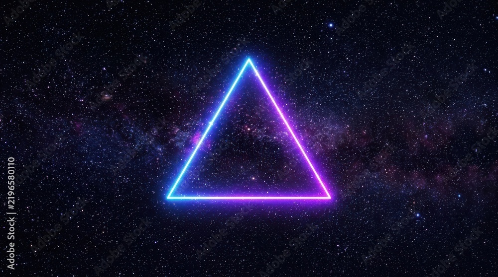 Fototapeta premium Neon blue and purple triangle glowing against a starry night sky