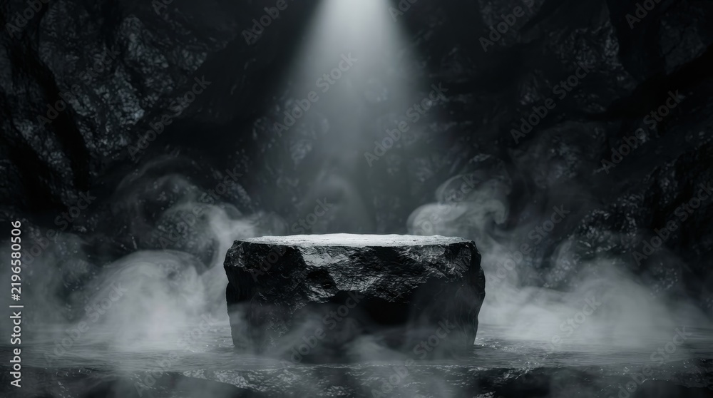 Obraz premium Black stone podium in a dark cave with smoke and spotlight