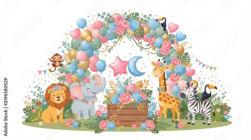Fototapeta premium A gathering to reveal the babys gender features animals, balloons, and flowers in a festive setting. Guests celebrate with joy.
