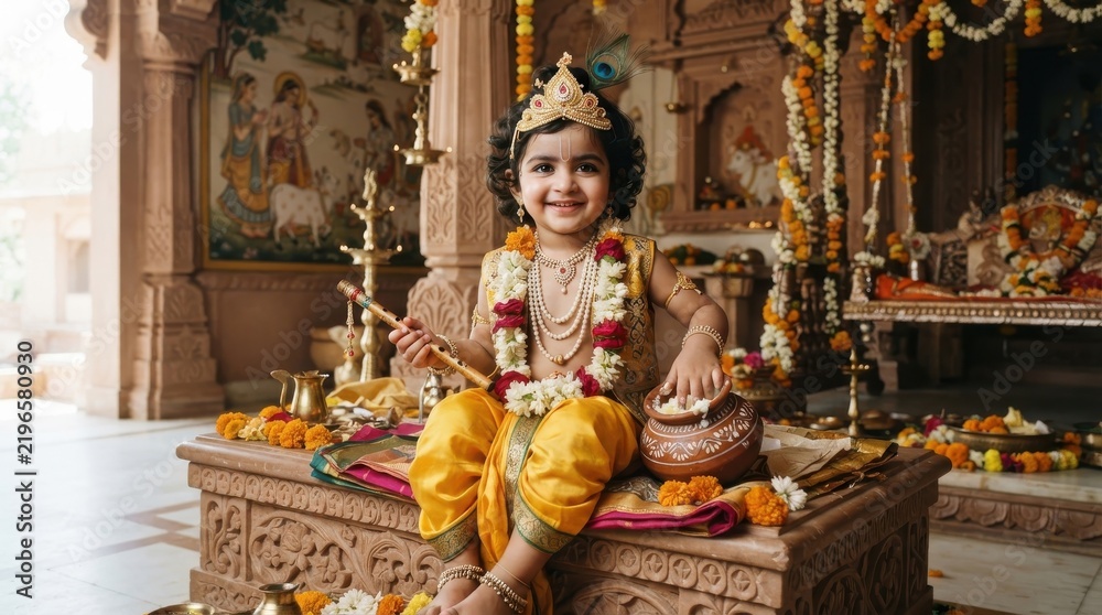 Fototapeta premium Young child dressed in traditional attire holding a flute and butter pot