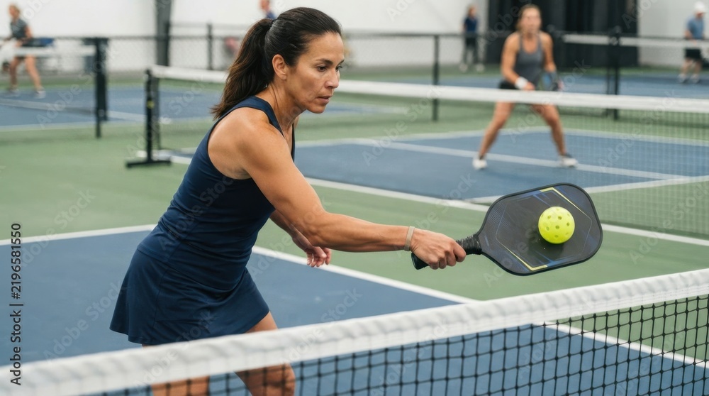Obraz premium Woman playing pickleball hitting the ball over the net