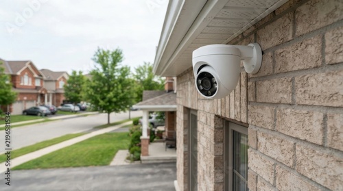 Security camera mounted on a brick wall outside a suburban home