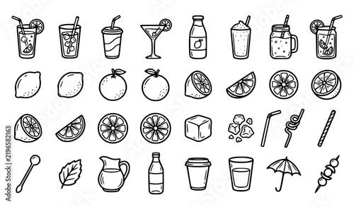 Hand Drawn Drinks and Citrus Doodle Icons with Lemon Slices Straws and Ice Cubes
