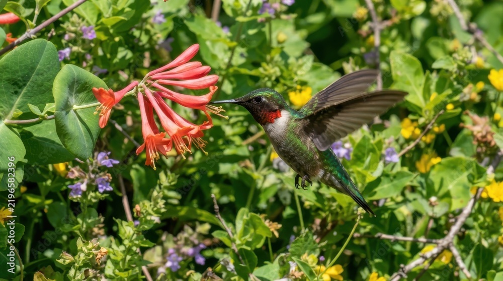 Obraz premium Ruby-throated hummingbird feeding on orange honeysuckle flowers