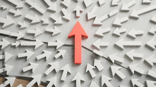 Red upward arrow icon standing out against fragmented white geometric background