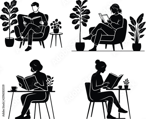 Reading people silhouettes with potted plants on a white background readers literature book silhouette black